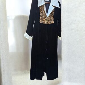 Vintage 70s Black Velvet and Leopard Duster Dress